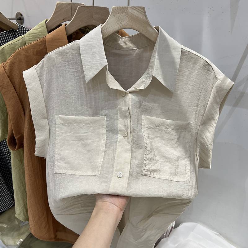 Summer Double Pocket Sleeveless Thin Shirts Loose Solid Color Pure Cotton Women's Blouses & Shirt