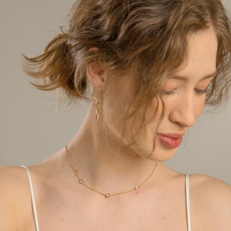 French Elegant Square Combination Titanium Steel Fine Versatile Color Zirconium Green Zirconium Necklace Plated With 18K Real Gold Lasting Color