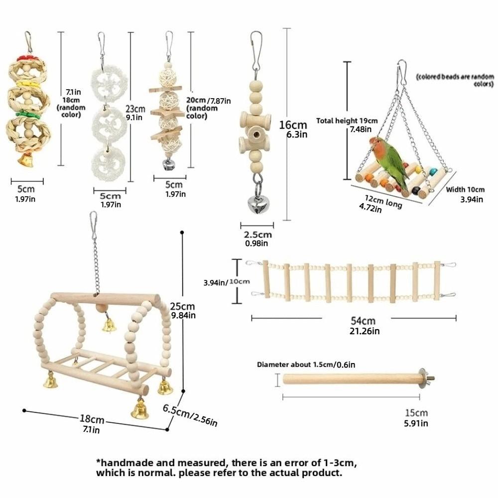 8Pcs Set Wood Parrot Set Bell Perch Swing Combination Bird Toys Hanging Hammock Stand Pole Parrot Training Toys for Parakeet