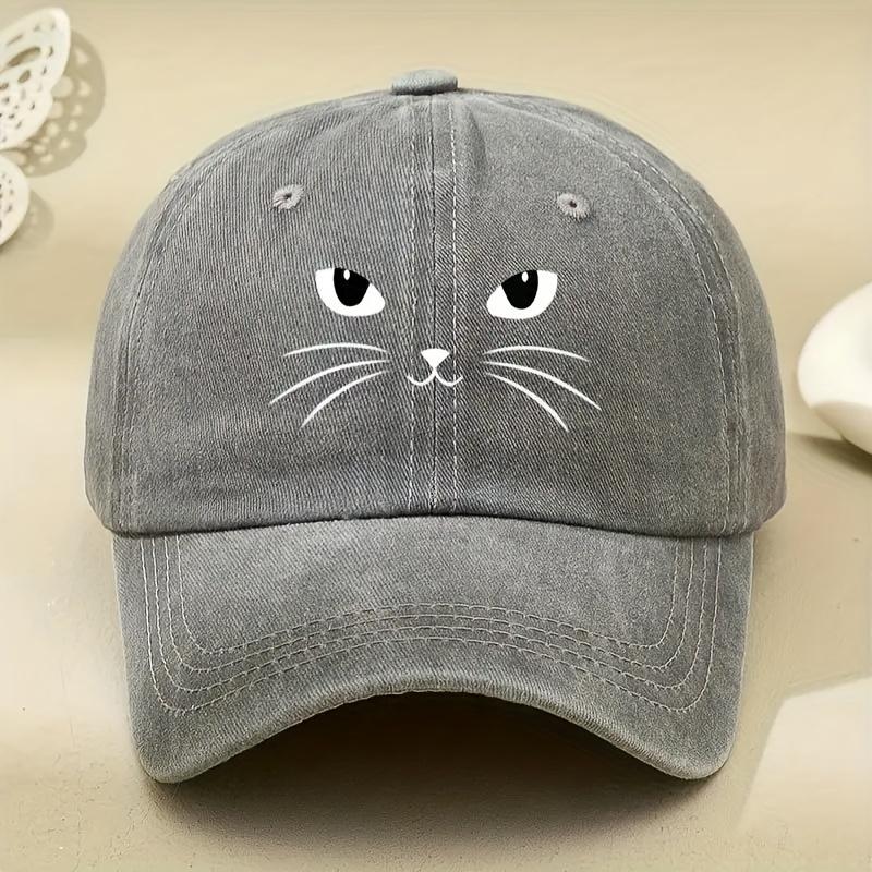 

Cute Cat Face Print Washed Baseball Cap Polyester Unisex Casual Outdoor Adult Cap One Size сірий