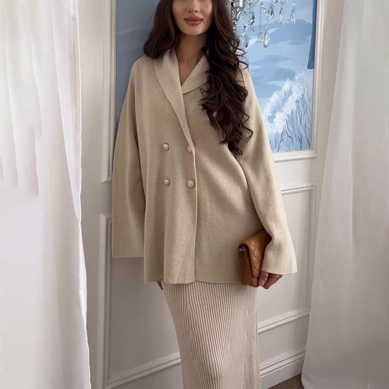 Women's 2025 European & American Solid Color Button Cardigan Sweater & Skirt Set - Warm & Stylish For Commute