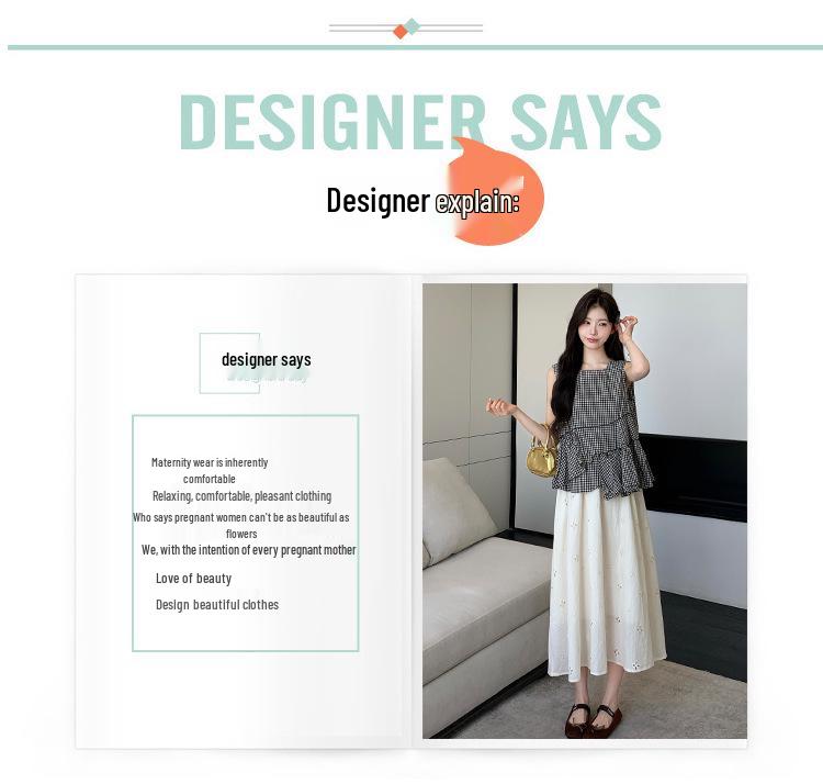 2026 Summer Plaid Sleeveless Maternity Top & Apricot Hollow-Out Skirt Set