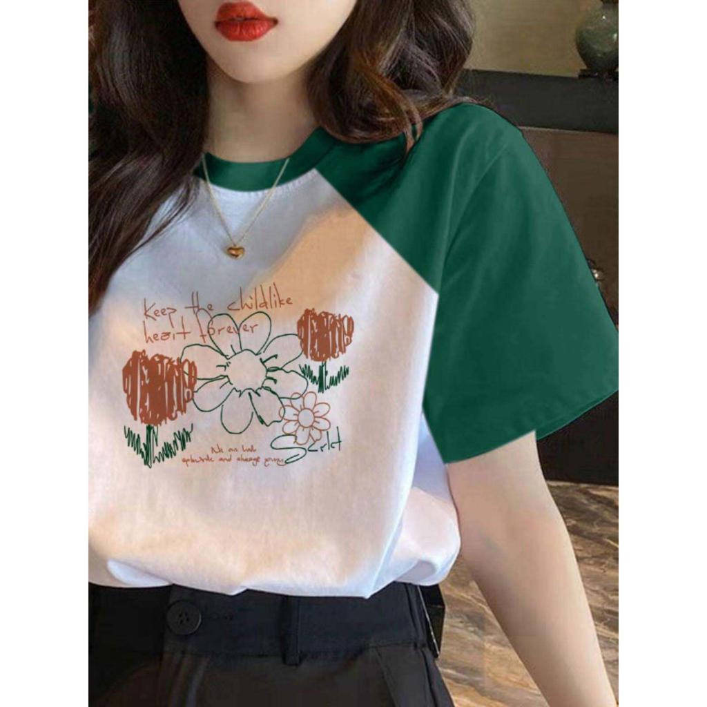 T-shirt da donna a maniche corte con design sulle spalle, top color block primavera ed estate, stile coreano, scollo rotondo ampio