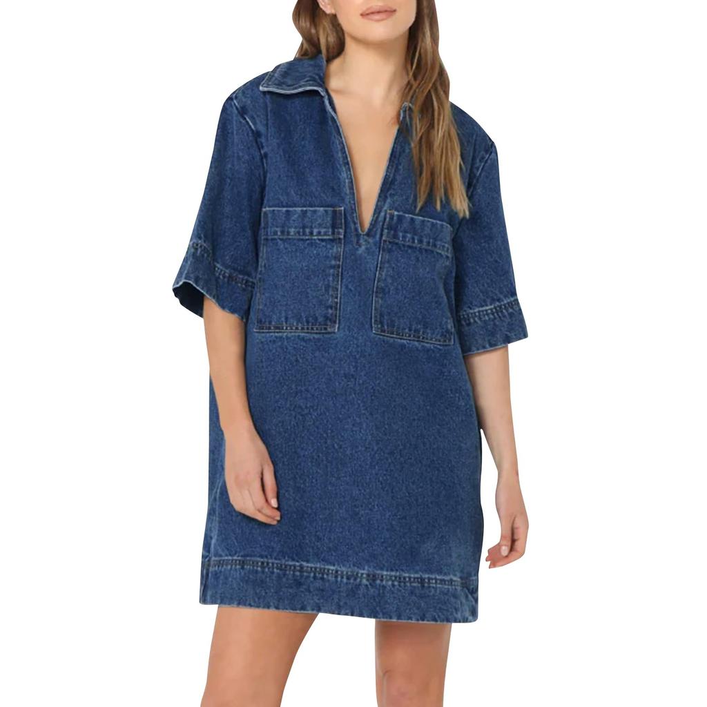 Womens  Denim Dress Summer Deep V Neck Half Sleeve Collared Loose  Jean Dress With Pockets