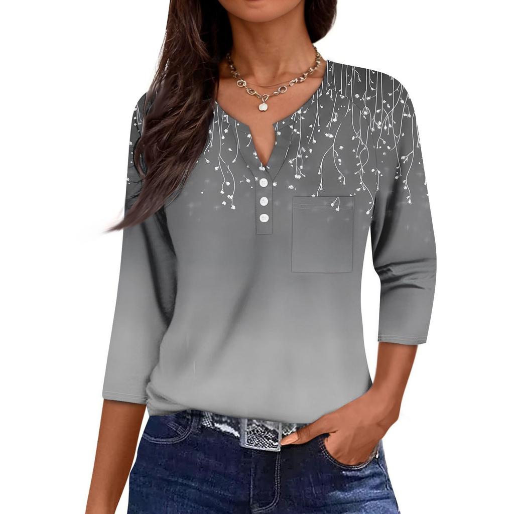 Women's Casual Fashion V-neck Loose Versatile Floral Print Three-quarter Sleeves