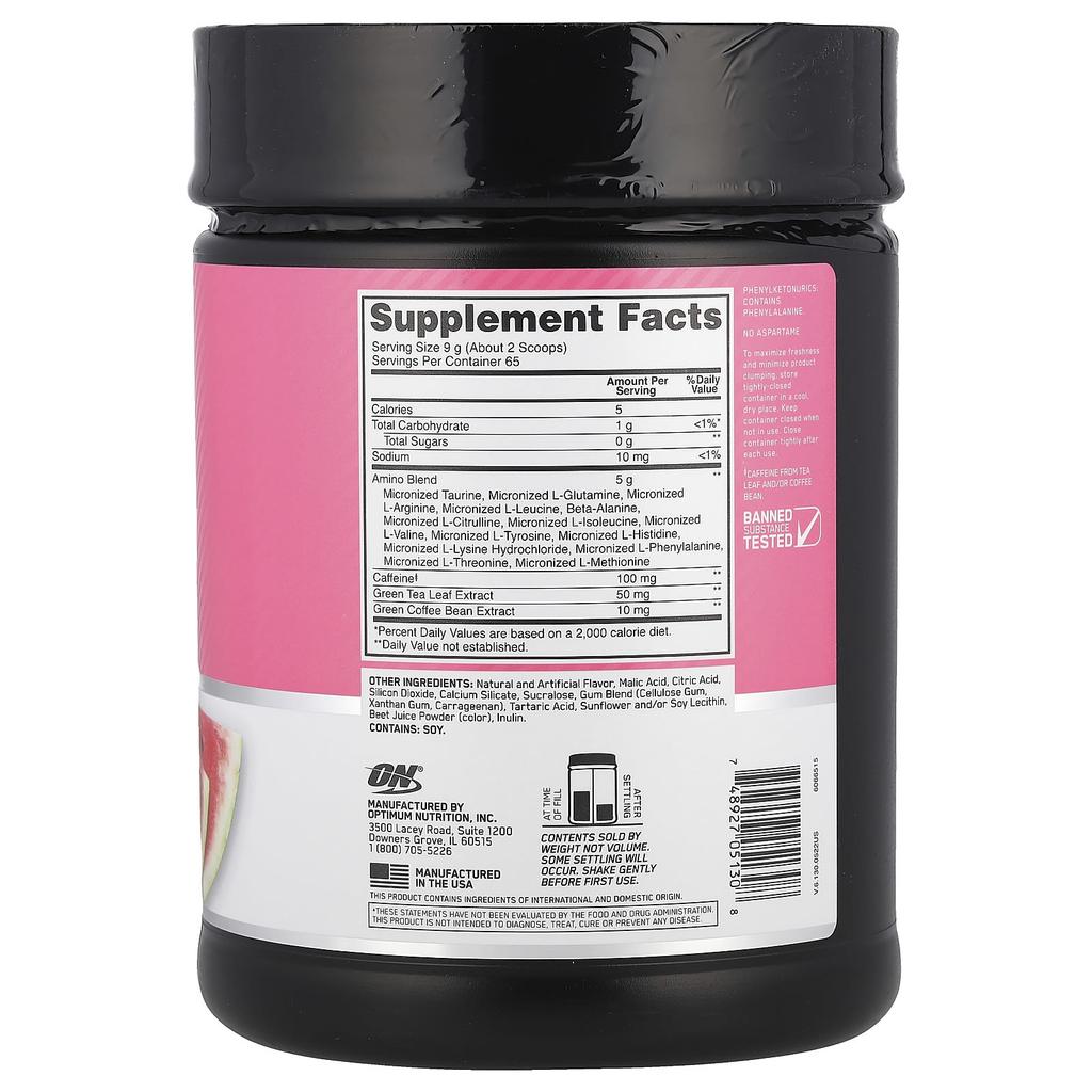 Optimum Nutrition ESSENTIAL AMIN.O. ENERGY, Watermelon Flavor, 1.29 Lbs (585 G)