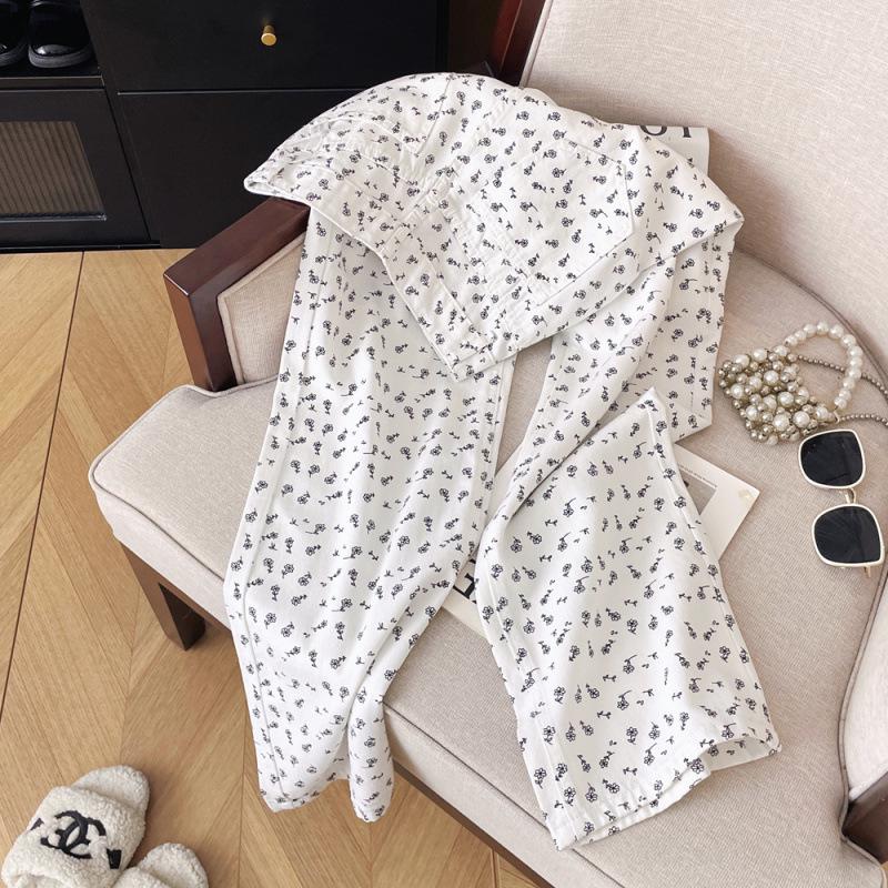 Spring/Summer Korean Style High Waist Floral White Wide-Leg Denim Pants for Women