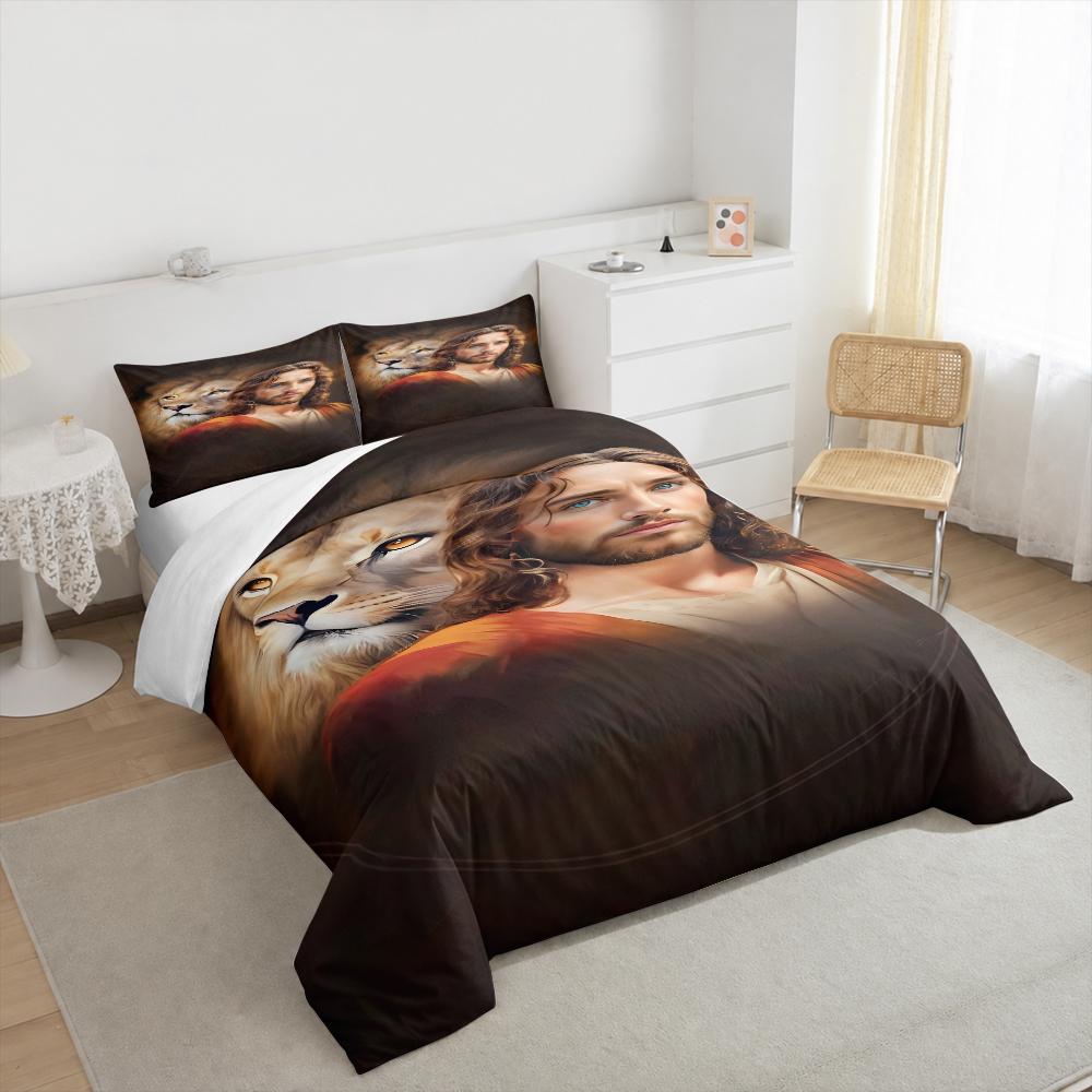 Jesus and Lion of Judah Religious Bedding set (1 duvet cover, 2 pillowcases, duvet not included), Brown Oval Portrait Art Print