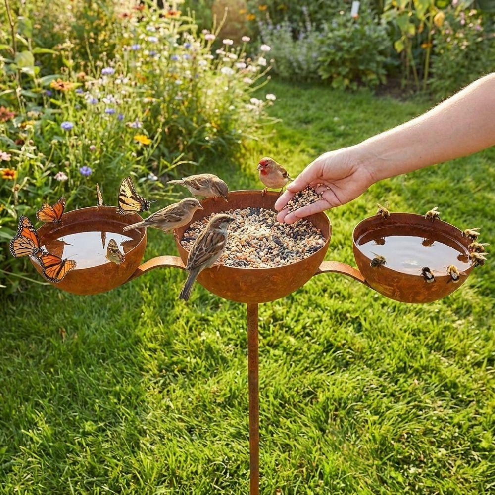 Metal Garden Rain Catcher Rusted Bird Feeding Station Freestanding Birdbath Stand Outdoor