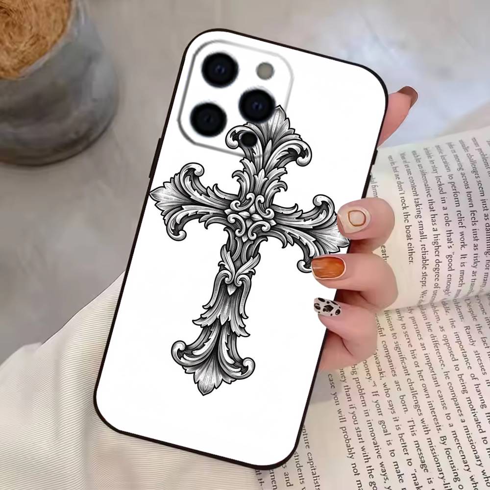 Gotisches Kreuz Ranke Transparent Handyhülle Für iPhone 17,16,15,14,13,12,11 Plus,Pro Max,XS,Weiche Silikon Schwarze Hülle