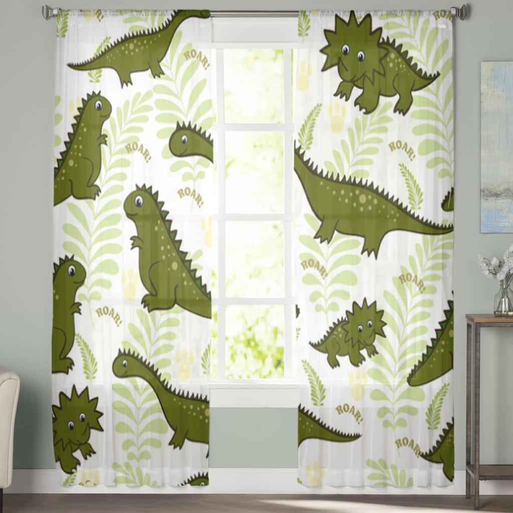 Dinosaur Green Plant Cartoon Sheer Curtains for Living Room Transparent Tulle Window Curtain Bedroom Kitchen Decor Veil Drapes