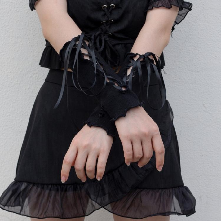 Gothic Frilly Fingerless Gloves Lace-Up Ribbon Ribbed Knit Arm Warmers for Women