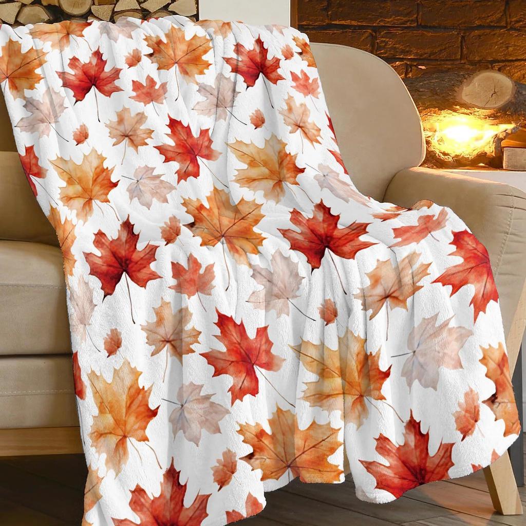 Thanksgiving Flannel Blanket - Maple Leaf & Pumpkin Design Throw for Sofa Decoration