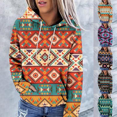 Damenmode, lässig, Ethno-Stil, bedruckt, langärmelig, Kapuzenpullover