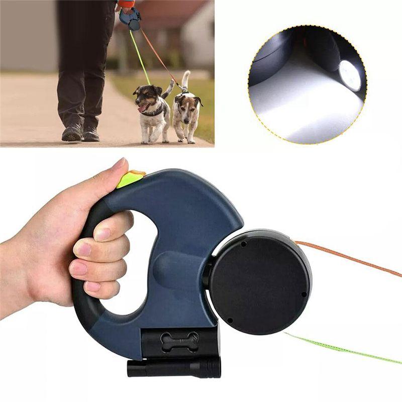 Aug. Auto Retractable Dual Dog Leash With Flashlight Waste Bag Box Roulette Double-Ended Traction Rope Pet Dog Supplies