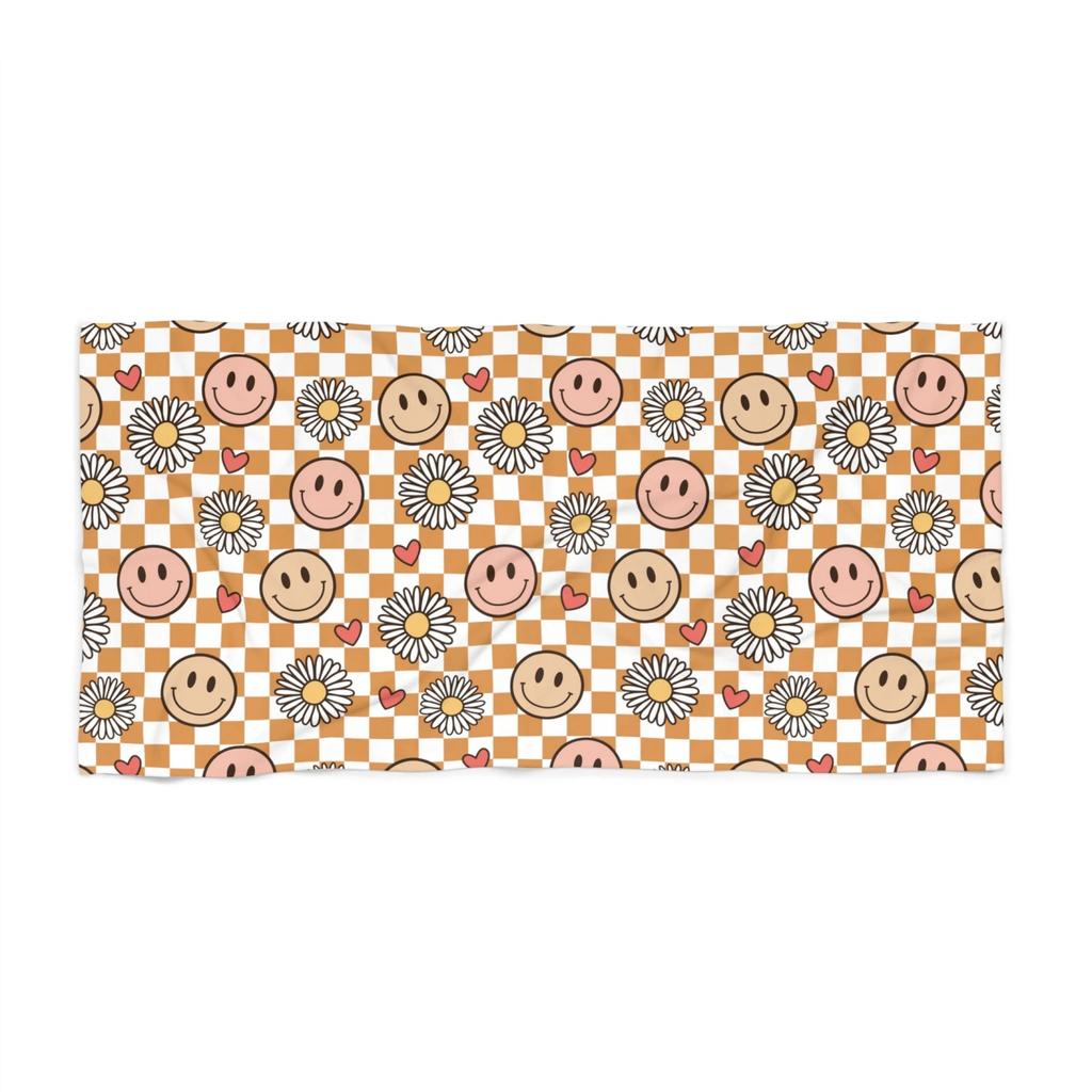 Smile Face Beach Towel, Groovy Checkered Print with Smile Faces, Summer Gifts, Y2K Towels, Beach Blankets, Kids Beach Towel