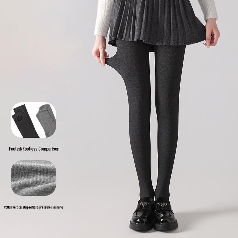 Women's Gray Velvet Leggings with Vertical Stripes – Slimming, Micro-Pressure, Stirrup Style for Autumn/Winter.