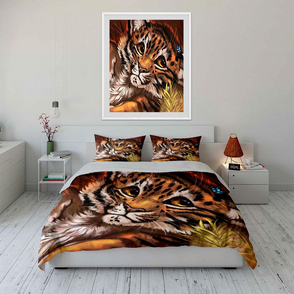 3Pcs Cute Clouded Leopard Bedding Set, Big Cat With Blue Butterfly Print Duvet Cover + 2 Pillowcases, Wildlife Art Decor