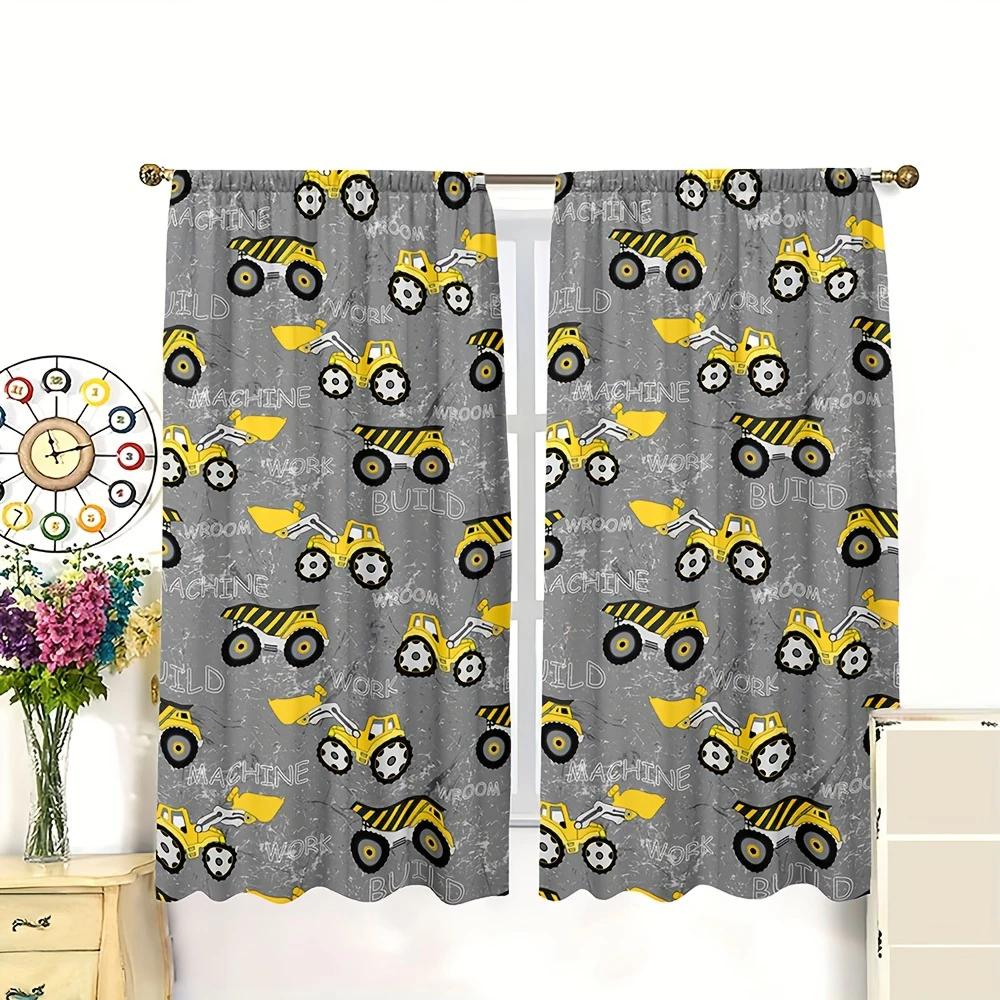 Set Of 2 Cartoon Fun Various Engineering Vehicle Printed Curtains Pole Bag Home Decoration Room Curtain Polyester