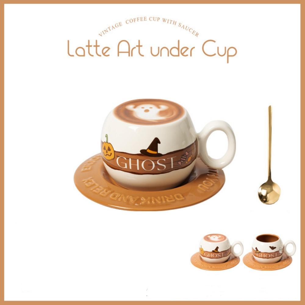 Big Belly Coffee Cup with Wood Saucer and Spoon 300ML Latte Under Botton Shaped Coffee Mug