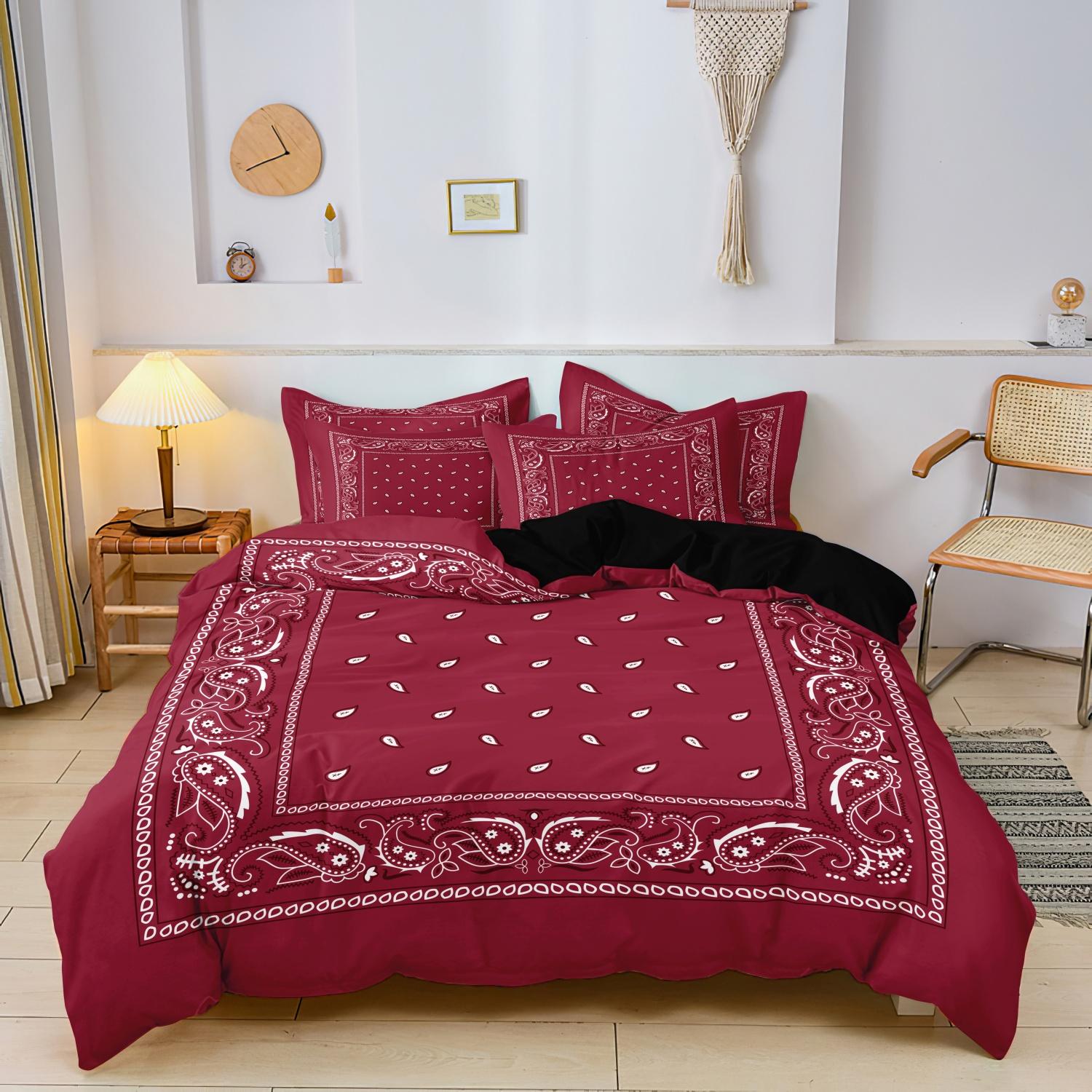 3Pcs Queen Duvet Cover Set,Bohemia Red Duvet Cover Set Bedding, Paisley Elegant Duvet Cover, Retro Style Bedding For Bedroom EU Single-135x200cm