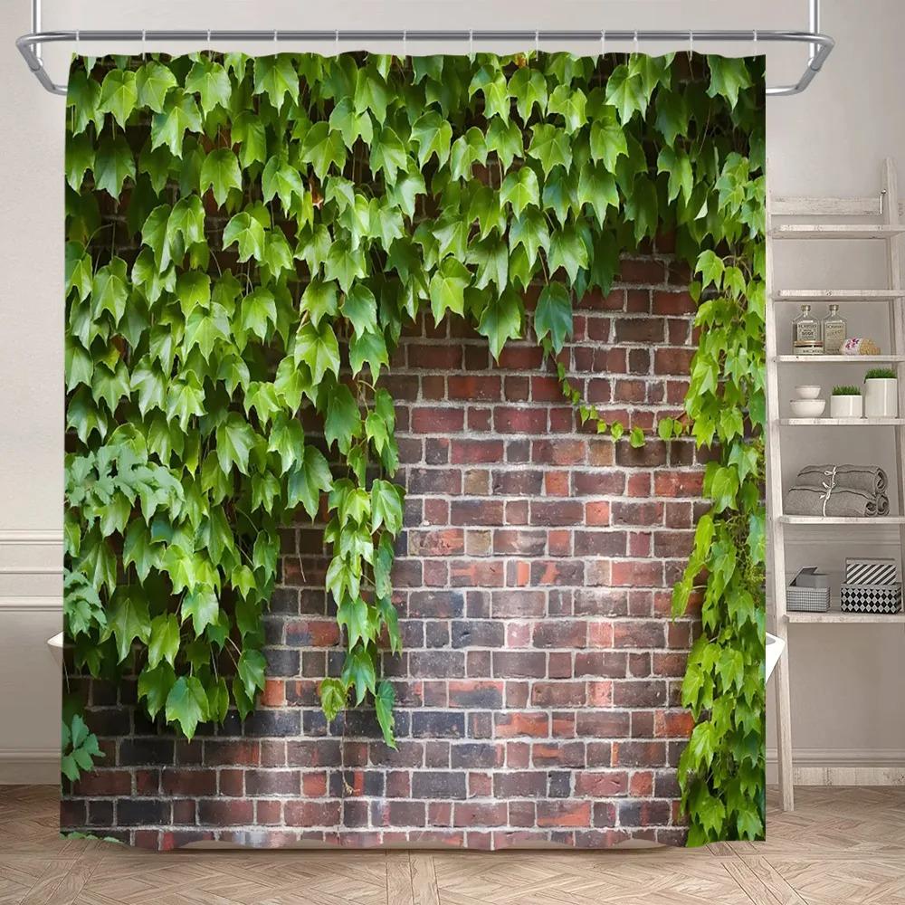 Green Ivy And Old Stone Of Wall Shower Curtain Nature Bathroom Extra Long Waterproof Washable Polyester Fabric For Bathtub Decor