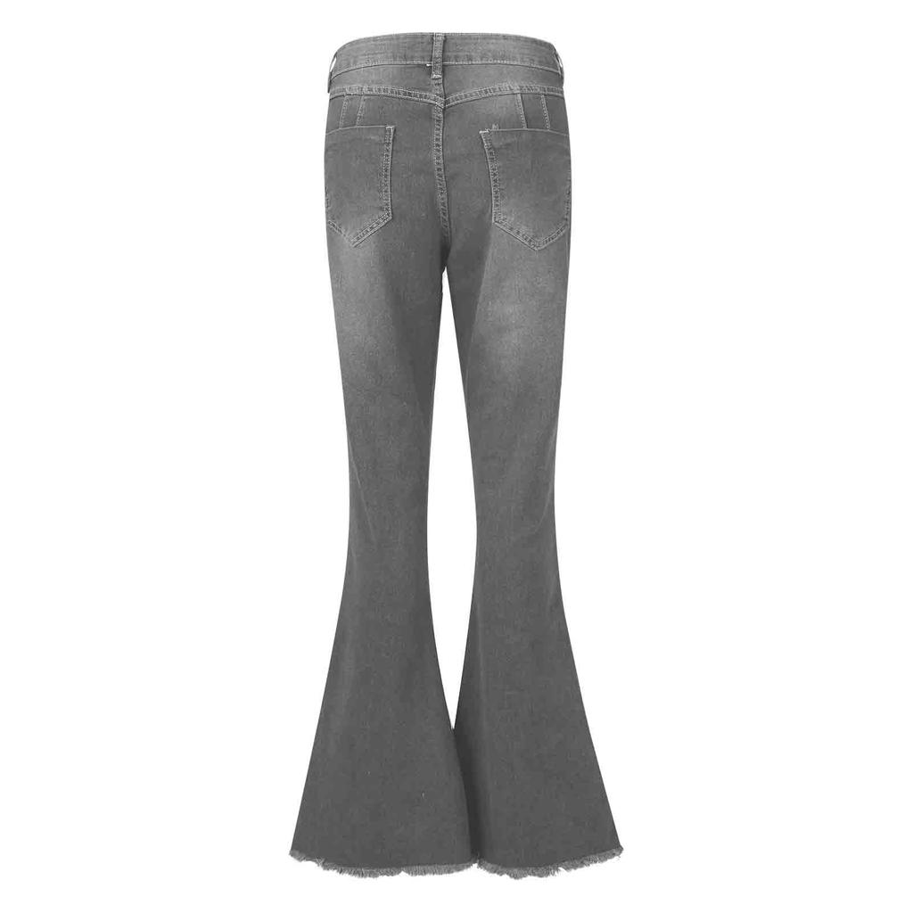 Summer Women's Button Slim Front And Back Pocket Zipper Design Flared Leg Work Pants Denim Trousers