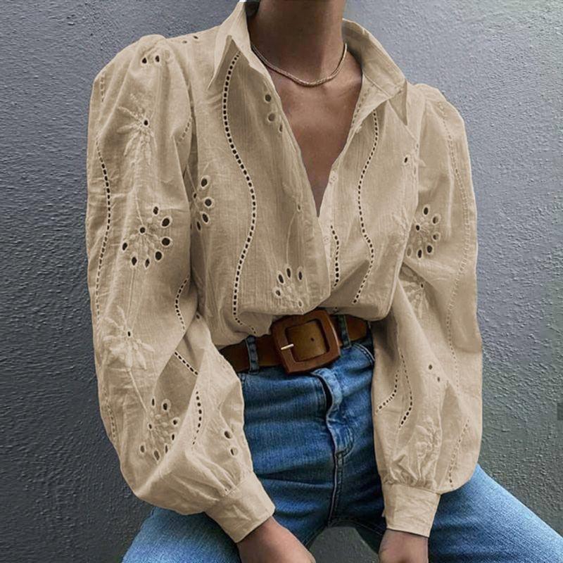 Hollow out Bubble Sleeve Lapel Shirt Pure Color Cut Out Puff Sleeves Lapel Shirt