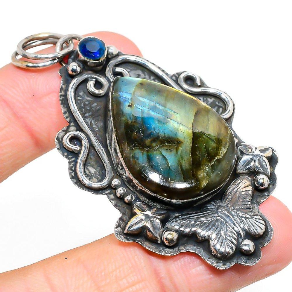 

Natural Labradorite, Blue Topaz Gemstone 925 Sterling Silver Pendant 2.60 f0F91