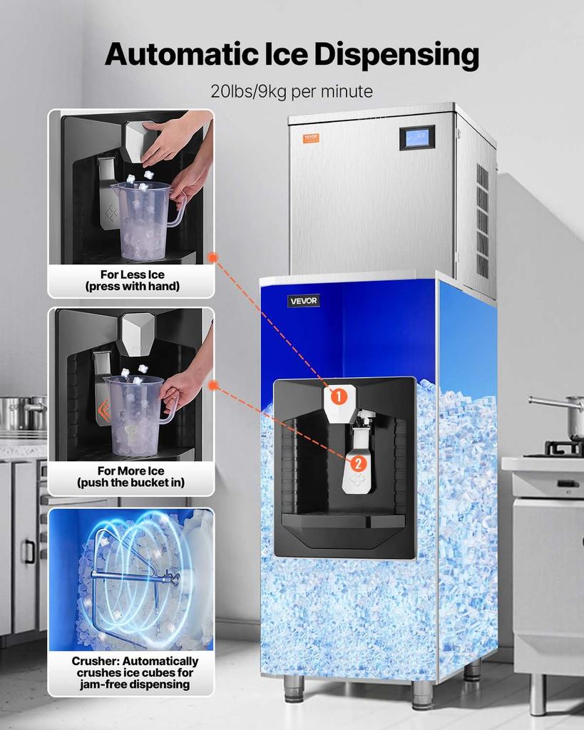 VEVOR Commercial Ice Maker, 440 Lbs/Day Ice Maker Machine, 180 Lbs Large Ice Storage Bin with 20 Lbs/Min Automatic Ice Dispensing
