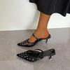 Fashion Size 35-42 Women Mules Sandals Breath Mesh Shiny Crystals Kitten Heels Summer Shoes Ladies Sexy Pointy Toe Daily Party Slipper