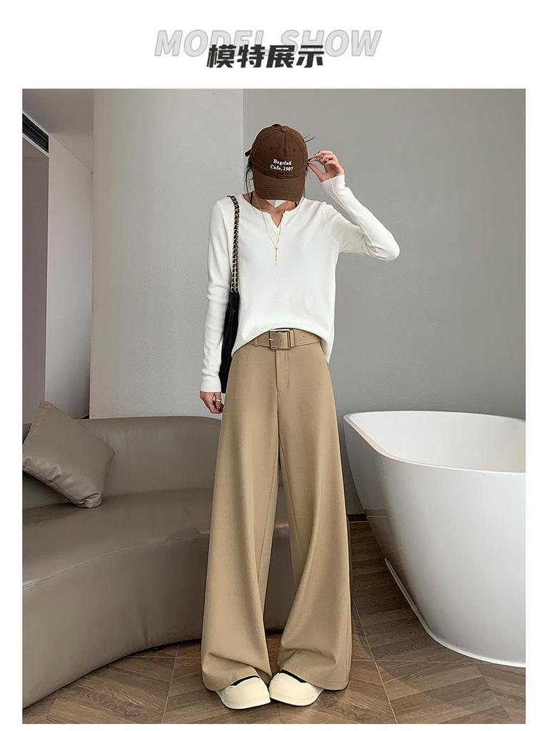 Women's Retro Minimalist Wide-Leg Khaki Suit Pants with Old Money Style Leather Belt