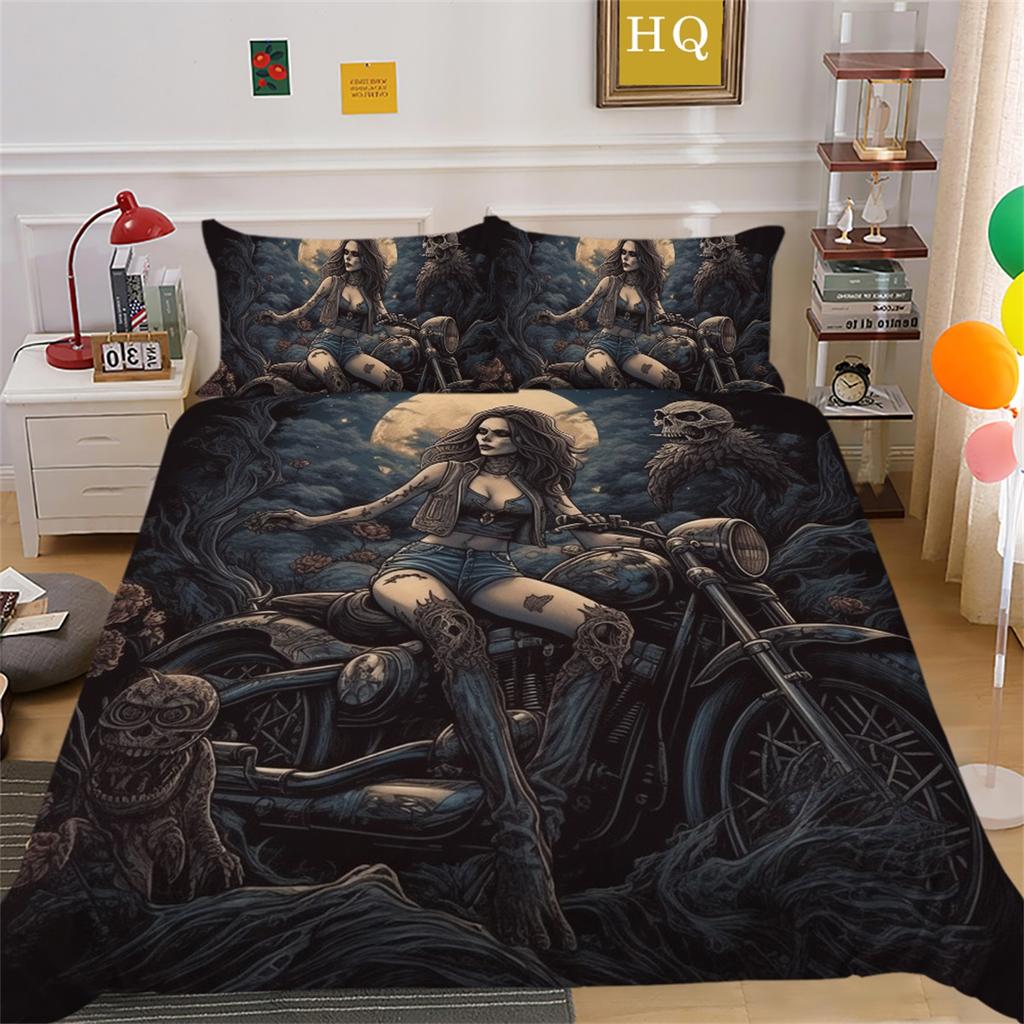 3D Dark Beauty Motorcycle Printed Bedding Set Beauty Skull Head Duvet Cover 2/3 Pieces AU180 * 210 Super Big Bed Room Quick Drying Home Decoration