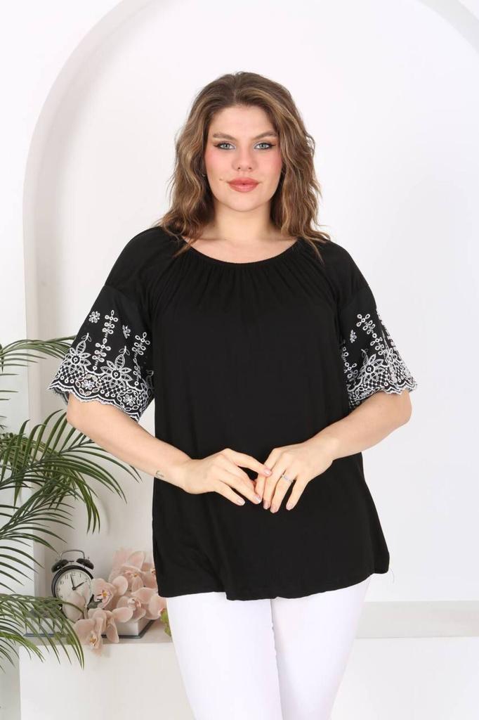 Damen Bluse in Übergröße Plus Size Bluse mit bestickten Ärmeln Schwarz