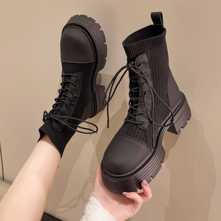 Martin boots women's 2025 spring and autumn new short tube thick-soled elastic boots medium tube boots gray upgraded version beige upgraded version