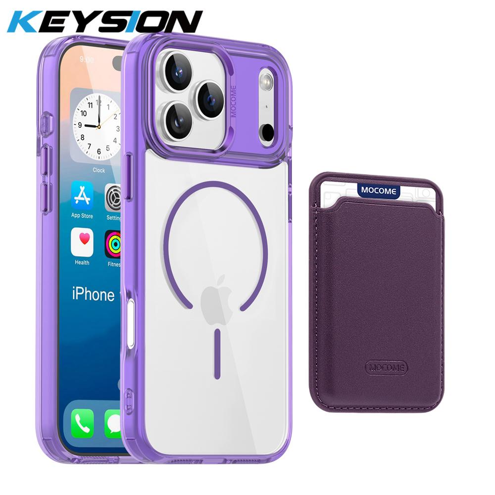 KEYSION Magnetic PU Card Holder Bag Phone Case for MagSafe for iPhone 17 Pro Max 17 Air Transparent TPU+PC Shockproof Back Cover