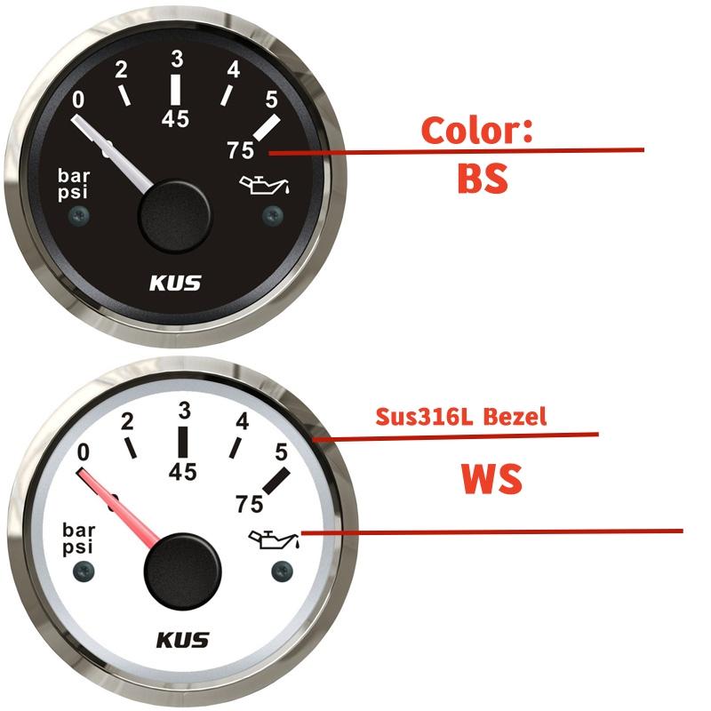 KUS Cars Oil Pressure Gauges 52mm 0-5Bar Show Oil Pressure Meters 10-184ohm Signal Red or Yellow Backlight 0-75Psi