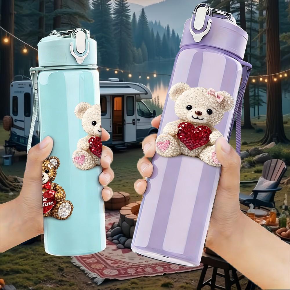 1PC Teddy Bear Toy Group Cartoon Print 750ml Color Plastic Sports Water Bottle Leakproof Flip Straw Lid Suitable for Sports Office Home Use