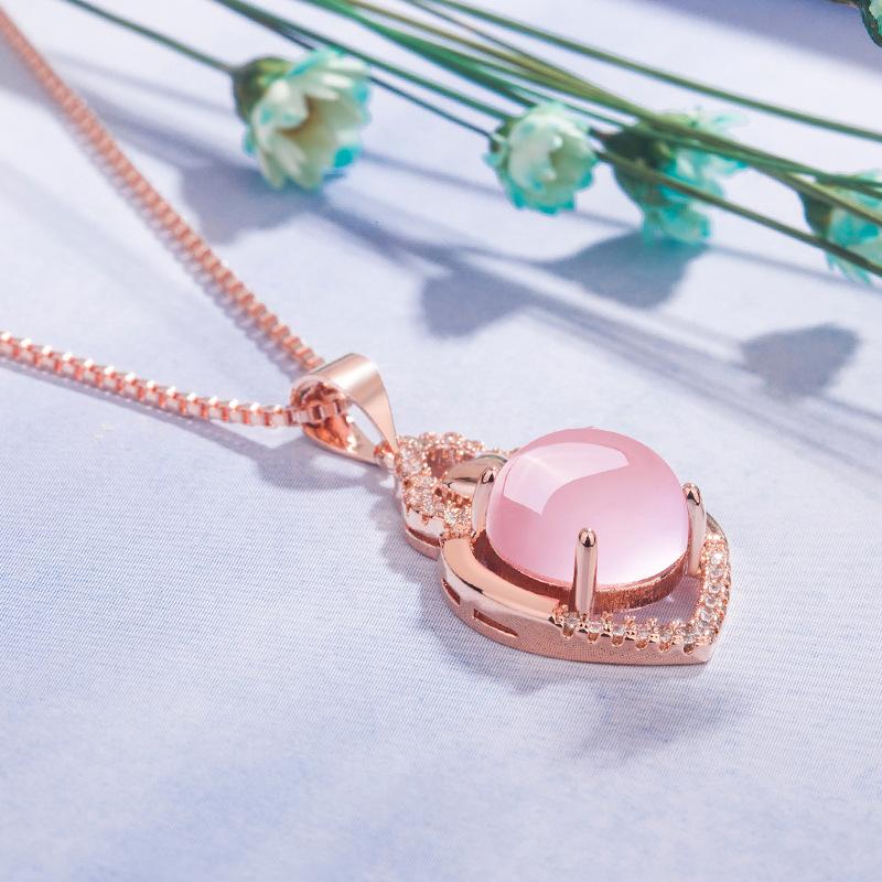 Trendy 925 Silver Jewelry Necklace Heart Shape Rose Quartz Zircon Gemstone Pendant for Women Wedding Promise Party Accessories