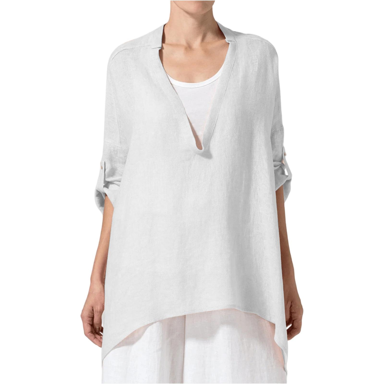 

Fashionable Women s Solid Color Cotton And Linen Loose V-neck Top L