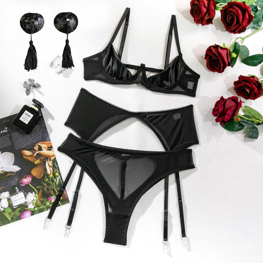 Yimunancy Mesh Lingerie Set Women Erotic Tassel Bra + Heart Panty Underwear Set Sexy Garter Kit