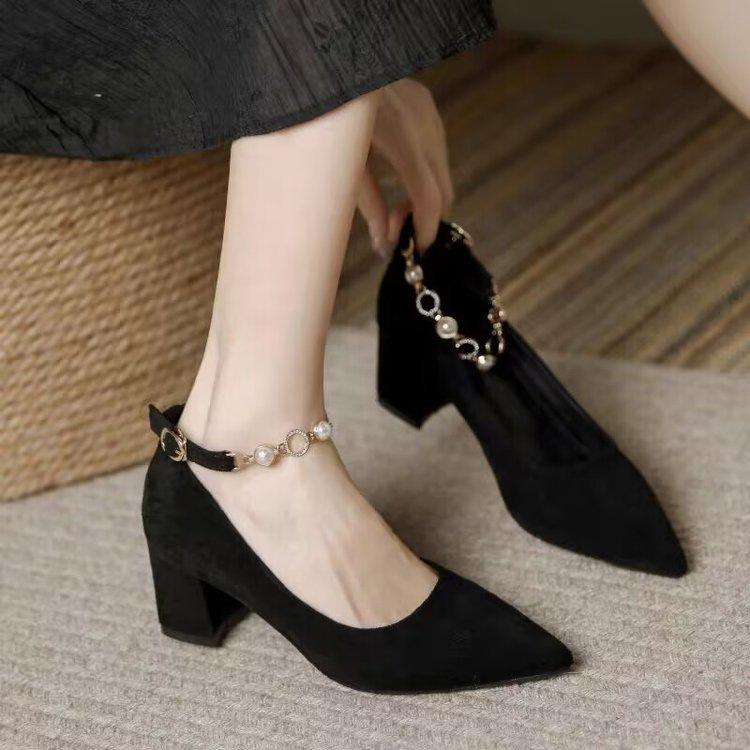 Autumn temperament with skirt high heels design sense celebrity style with pearl single shoes thick heel medium heel