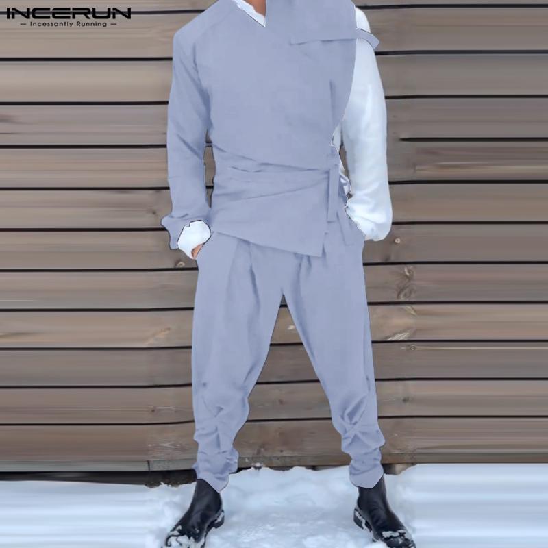 INCERUN Two Pieces Outfits Men One Shoulder Shirt Long Bandage Harem Pants Sets