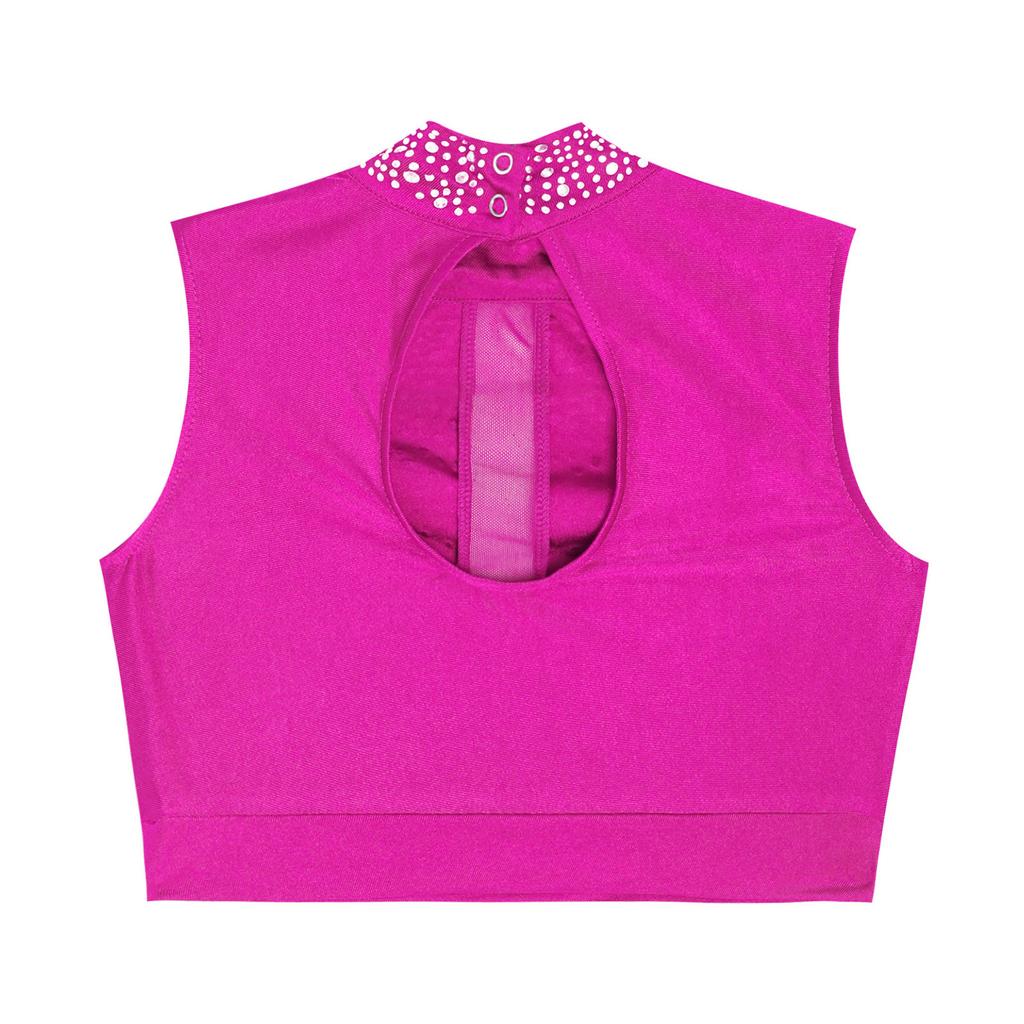 Girls Contemporary Modern Dance Top Mock Neck Sleeveless Keyhole Back Shiny Rhinestones Crop Top Performance Wear