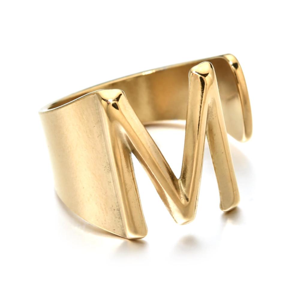 18K Gold Stainless Steel Letter Ring – Fashionable Open European & American Style, Women's Adjustable Titanium Steel Ring