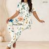 Women Plus Size Round Neck Short Sleeve Floral Printed Mint Green Two Piece Set Side Split Top Long Pants