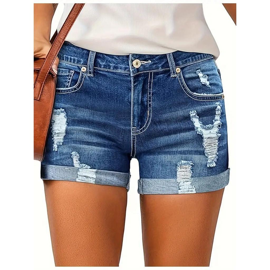 Women's High Waist Ripped Denim Shorts Distressed Rolled Hem Summer Casual Jean Shorts
