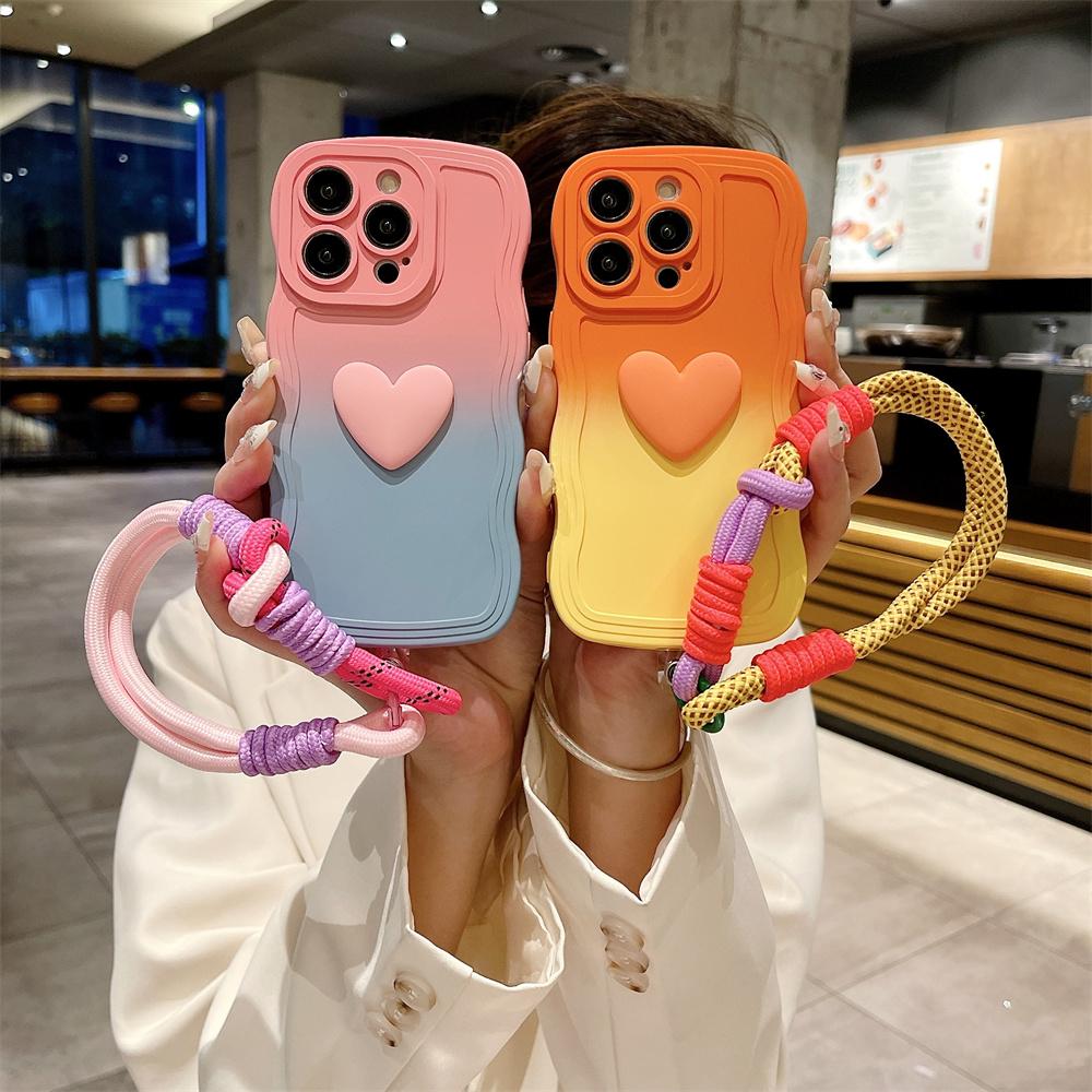Cartoon Love Heart Gradient Lanyard Case for For Iphone 16 1 14 17 Pro Max Air Plus 12 13 11 Xr Xs Hand Wrist Strap Wave Soft Cover