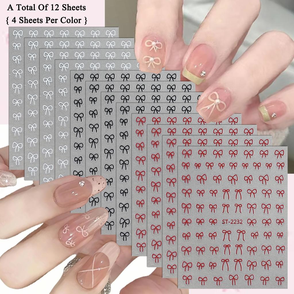 2 To 30 Sheets Transparent Bow Nail Stickers 3D White Pink Black Gold Lace Ribbon Nail Art Decals for DIY Manicure
