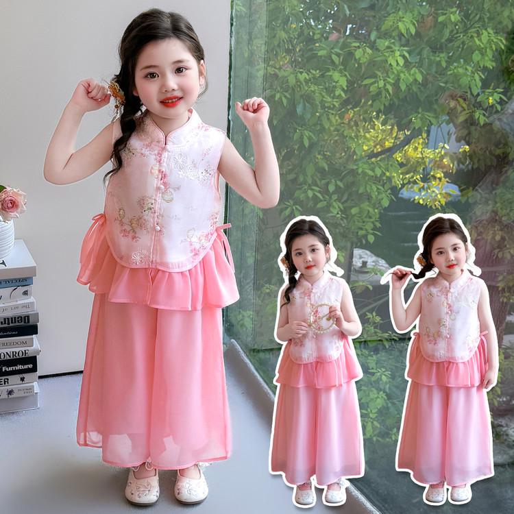 2026 Girls' Chinese Style Fairy Summer Two-Piece Set with Frog Button